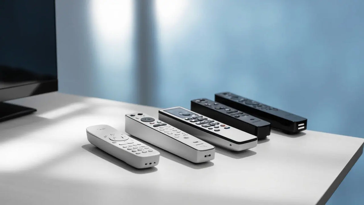 assorted remote controls on a clean table with soft tv glow