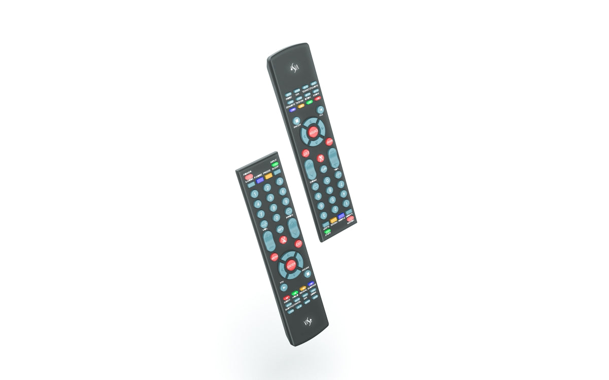 Two remote controls floating against white background