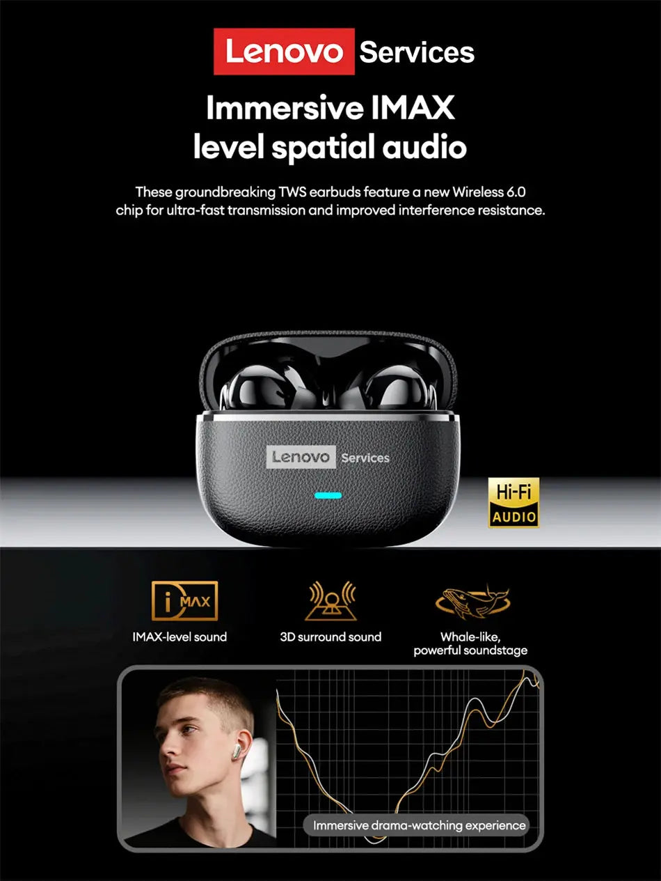 Lenovo LE208 TWS Bluetooth 6.0 Wireless Leather Earphones Stereo ENC Noise Cancelling Headphone 38ms Low Latency Gaming Headset Magic Remotes
