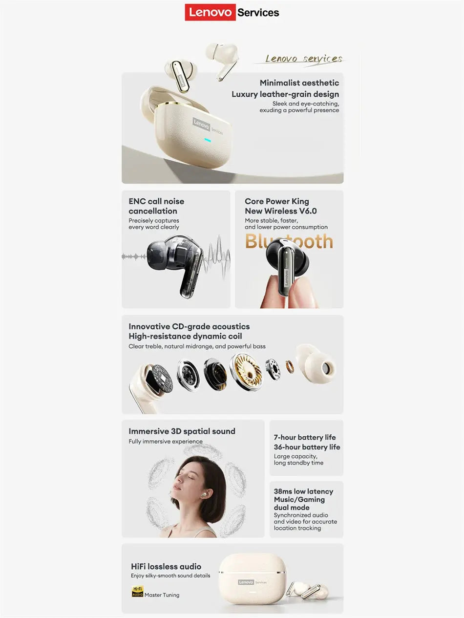 Lenovo LE208 TWS Bluetooth 6.0 Wireless Leather Earphones Stereo ENC Noise Cancelling Headphone 38ms Low Latency Gaming Headset Magic Remotes