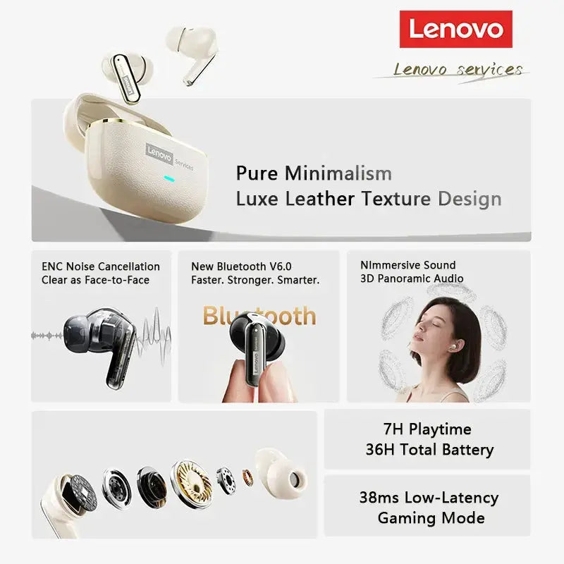 Lenovo LE208 TWS Bluetooth 6.0 Wireless Leather Earphones Stereo ENC Noise Cancelling Headphone 38ms Low Latency Gaming Headset Magic Remotes