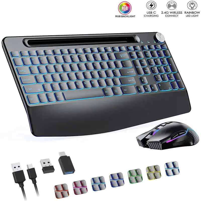 2.4G&Type-C Wireless Keyboard Mouse Combo with Wrist Rest,RGB Backlit,Silent Rechargeable Set for PC,Laptop,Window,Jiggler Mouse Magic Remotes