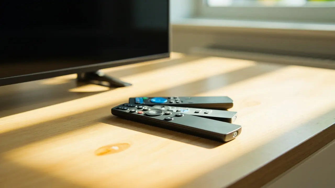 assorted sleek remote controls on wooden table beside softly lit tv