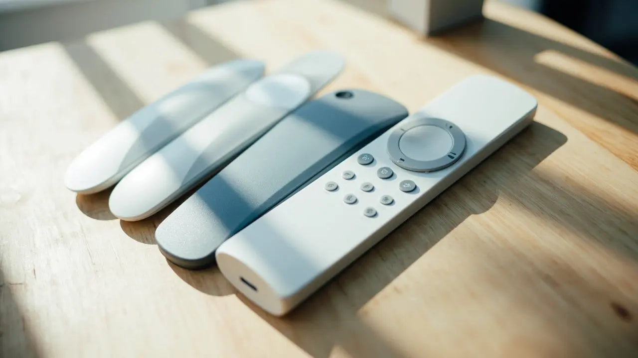 assorted remote controls on a clean table in bright natural light