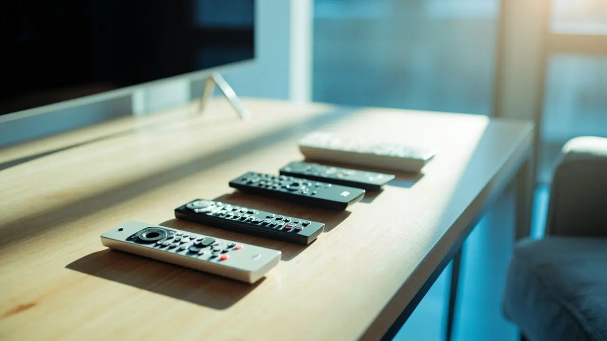 assorted remote controls arranged neatly on a bright modern living room table