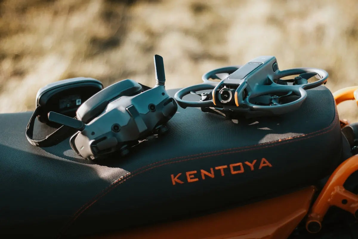 A close up of a motorcycle with a remote control