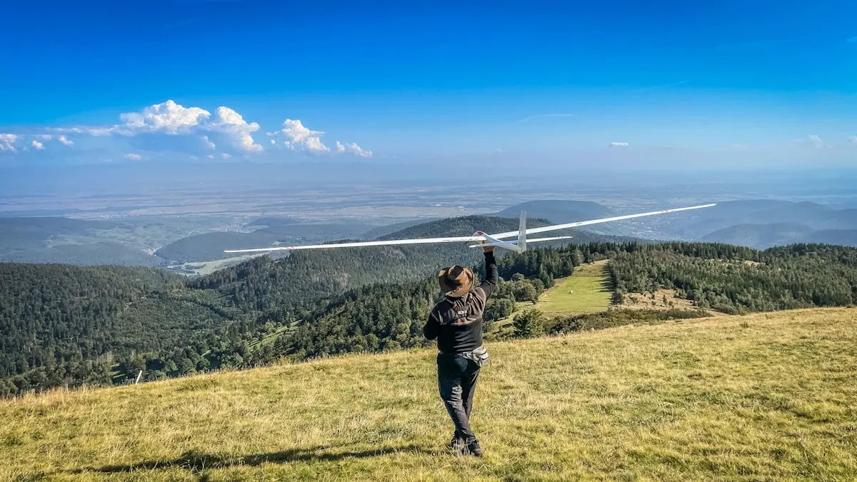 A man standing on top of a lush green hillside