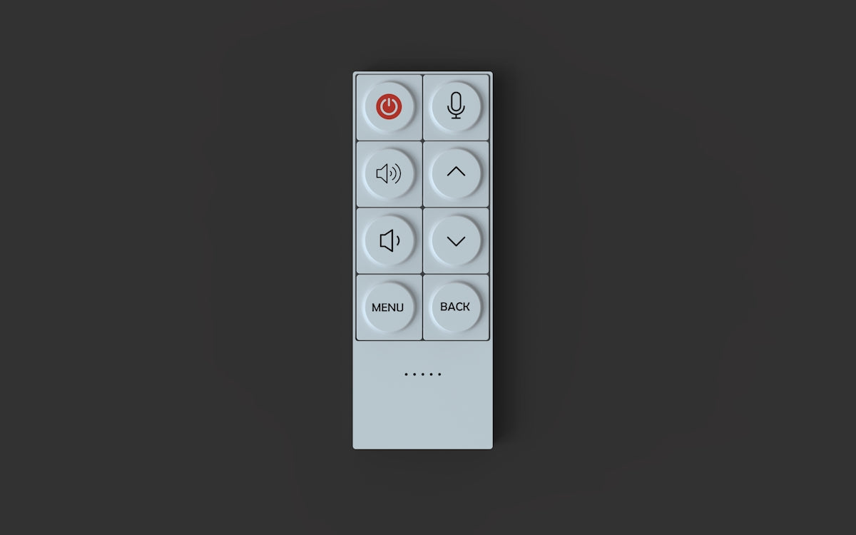 A white remote control with circular buttons.