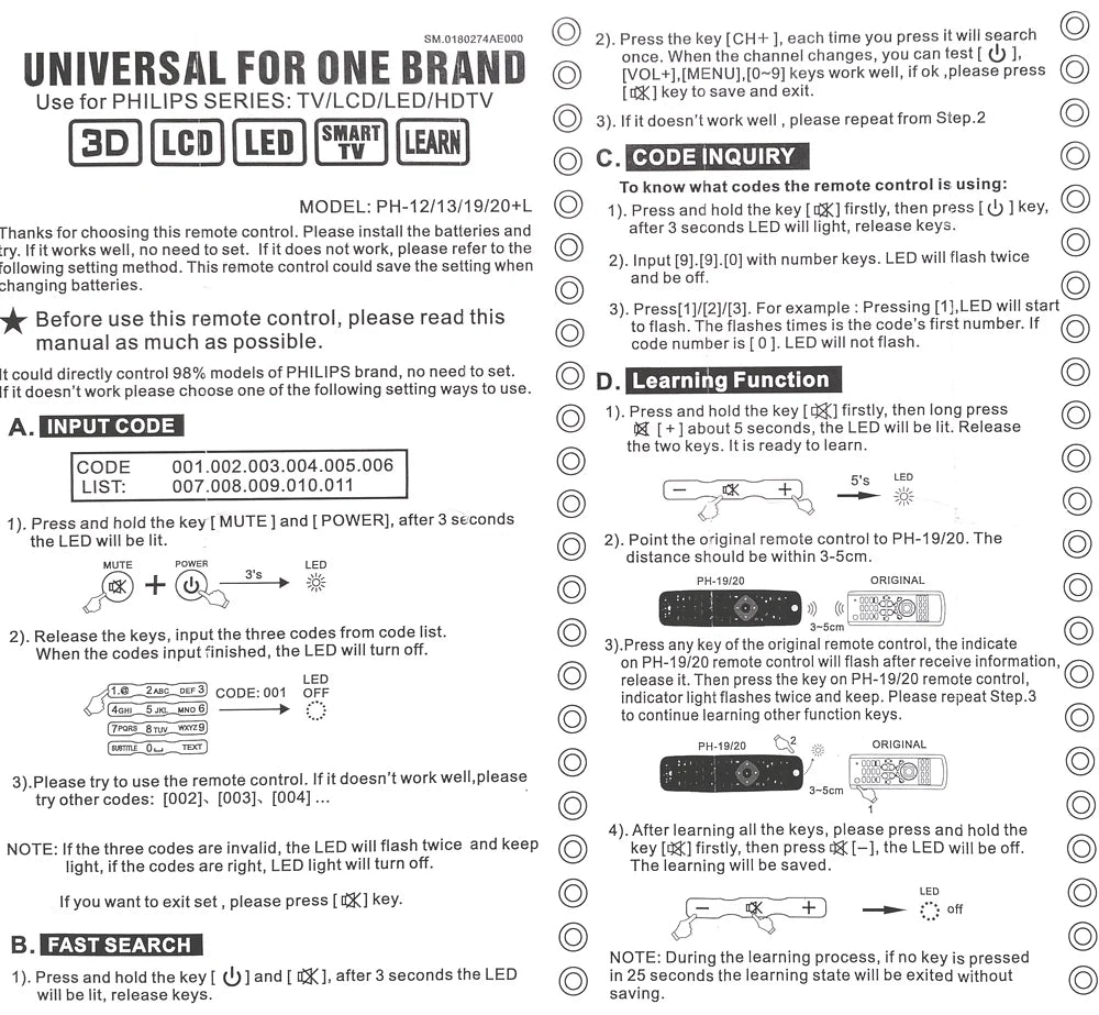 Philips TV Universal Remote Replacement with Learning Function & Code List | For All Smart, 3D, HDTV Models