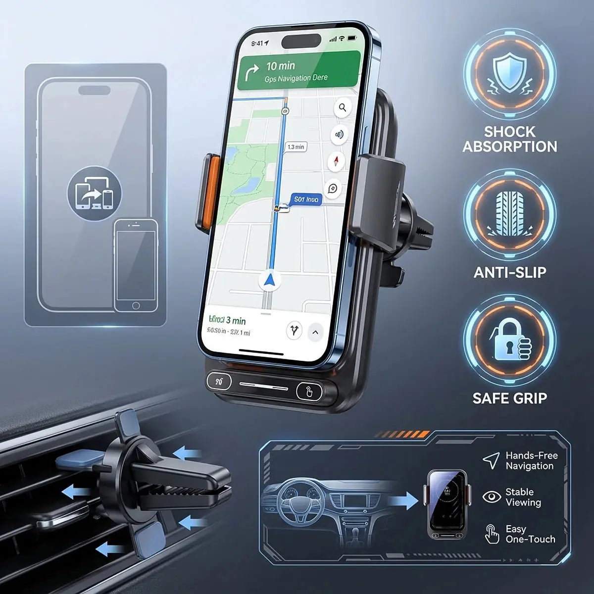 Smart Sensing Car Phone Holder 15W Qi Wireless Charging Motorized Rotation One-Touch Release & Clamping Rotatable Cable Port - Magic Remotes