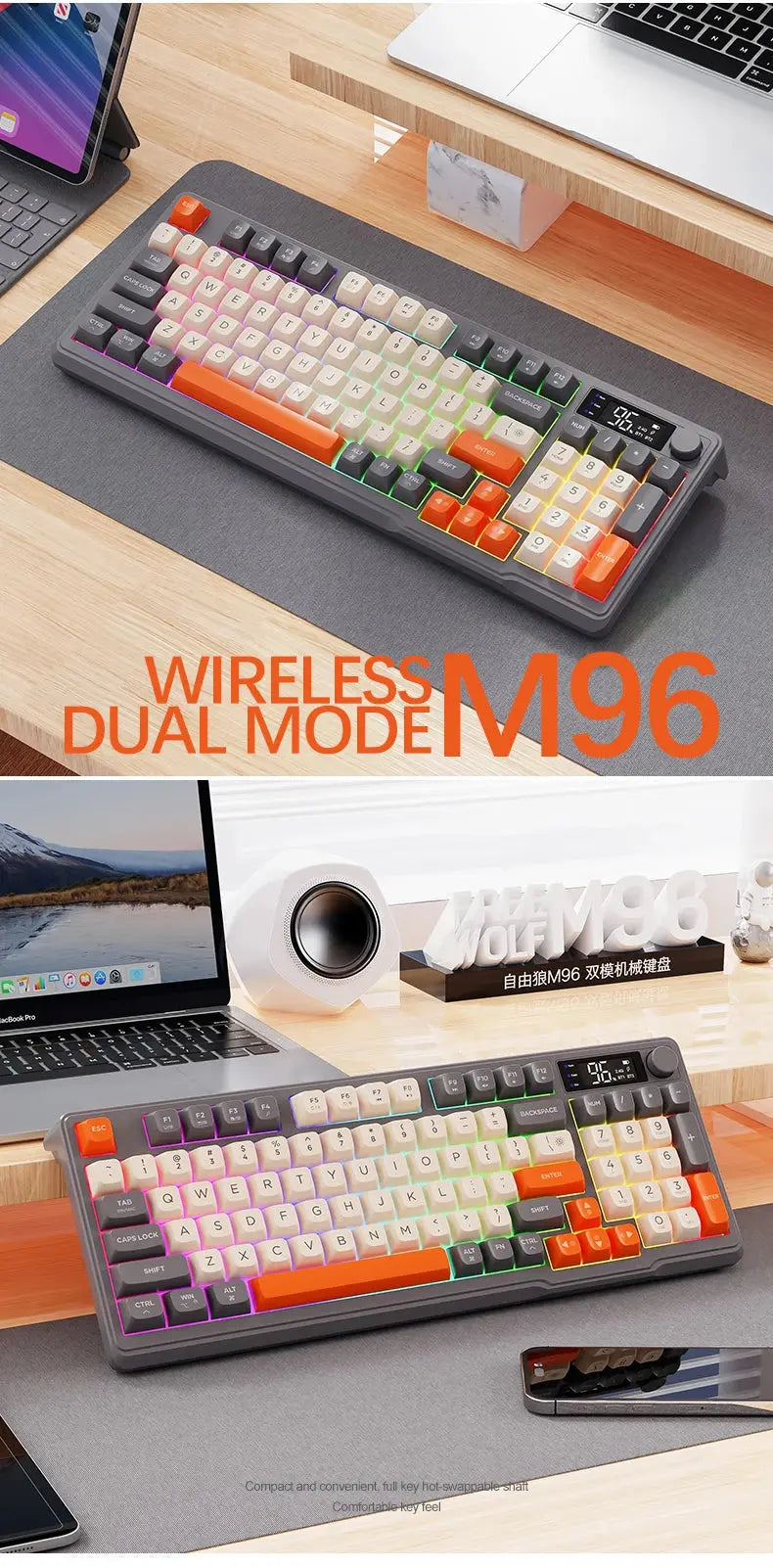 M96 Bluetooth Keyboard Wireless FREEWOLF Screen Gaming Keyboard,Electronic Screen, Multi-Device Connection,Ergonomics Gaming - Magic Remotes