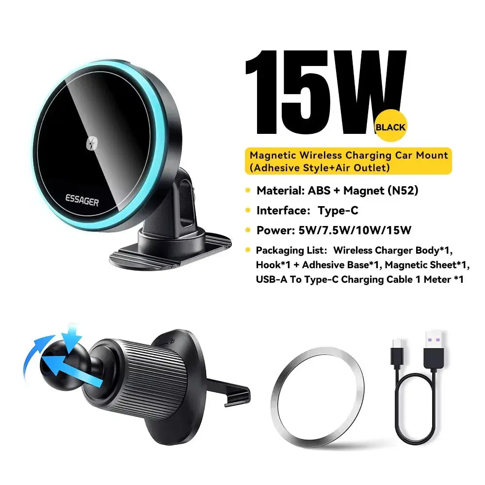 Essager 15W Magnetic Wireless Car Phone Holder Adjustable 360 degrees Car Charger For iPhone15 14 13 Pro Samsung Universal Phone - Magic Remotes