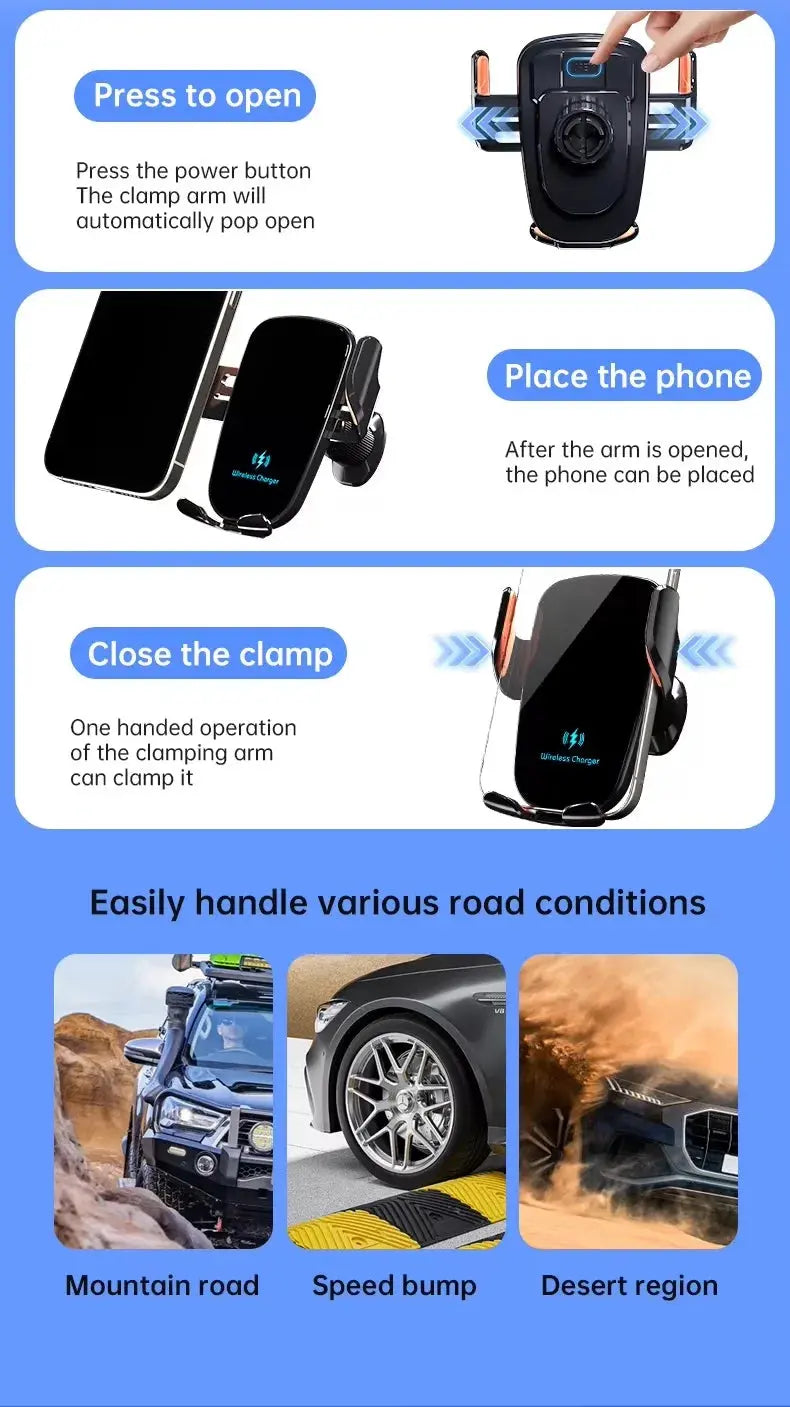 Manual Clamp Wireless Car Charger 15W Fast Charging Air Vent Car Mount Phone Holder for iPhone Samsung Android Phones - Magic Remotes