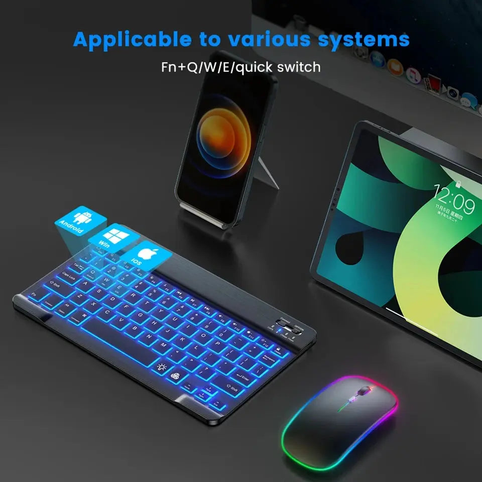 Mini Backlit RGB 10inch Bluetooth Keyboard Wireless mouse Rechargeable for Spanish Russian Hebrew Korean French Arabic Portugal - Magic Remotes