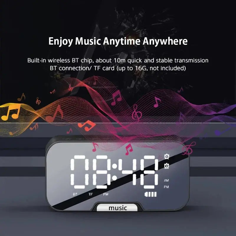 Bluetooth Speaker with LED Mirror Screen Digital Dual Alarm Clock with FM Radio Phone Holder Temperature For Bedroom Office Magic Remotes