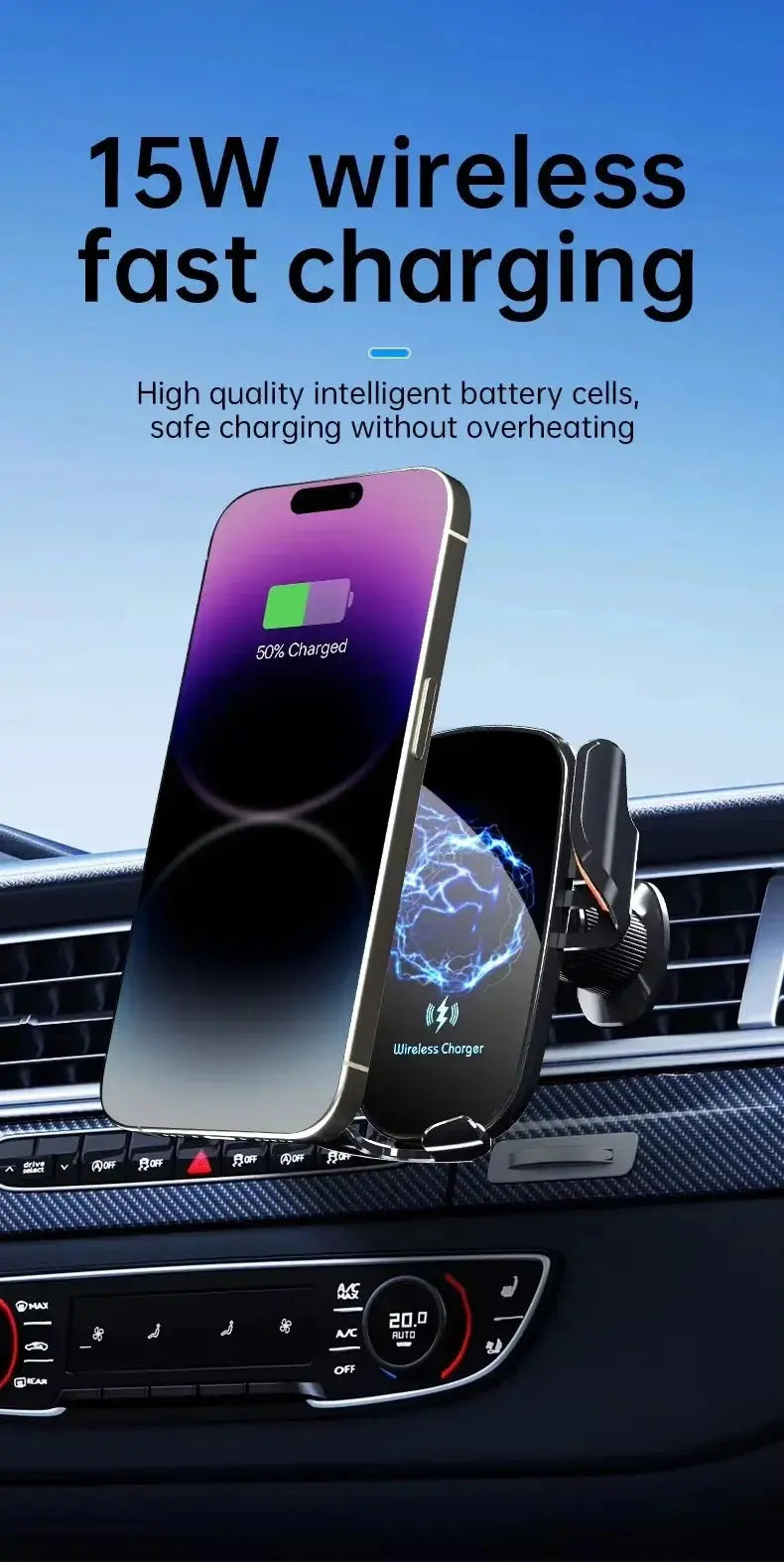 Manual Clamp Wireless Car Charger 15W Fast Charging Air Vent Car Mount Phone Holder for iPhone Samsung Android Phones - Magic Remotes