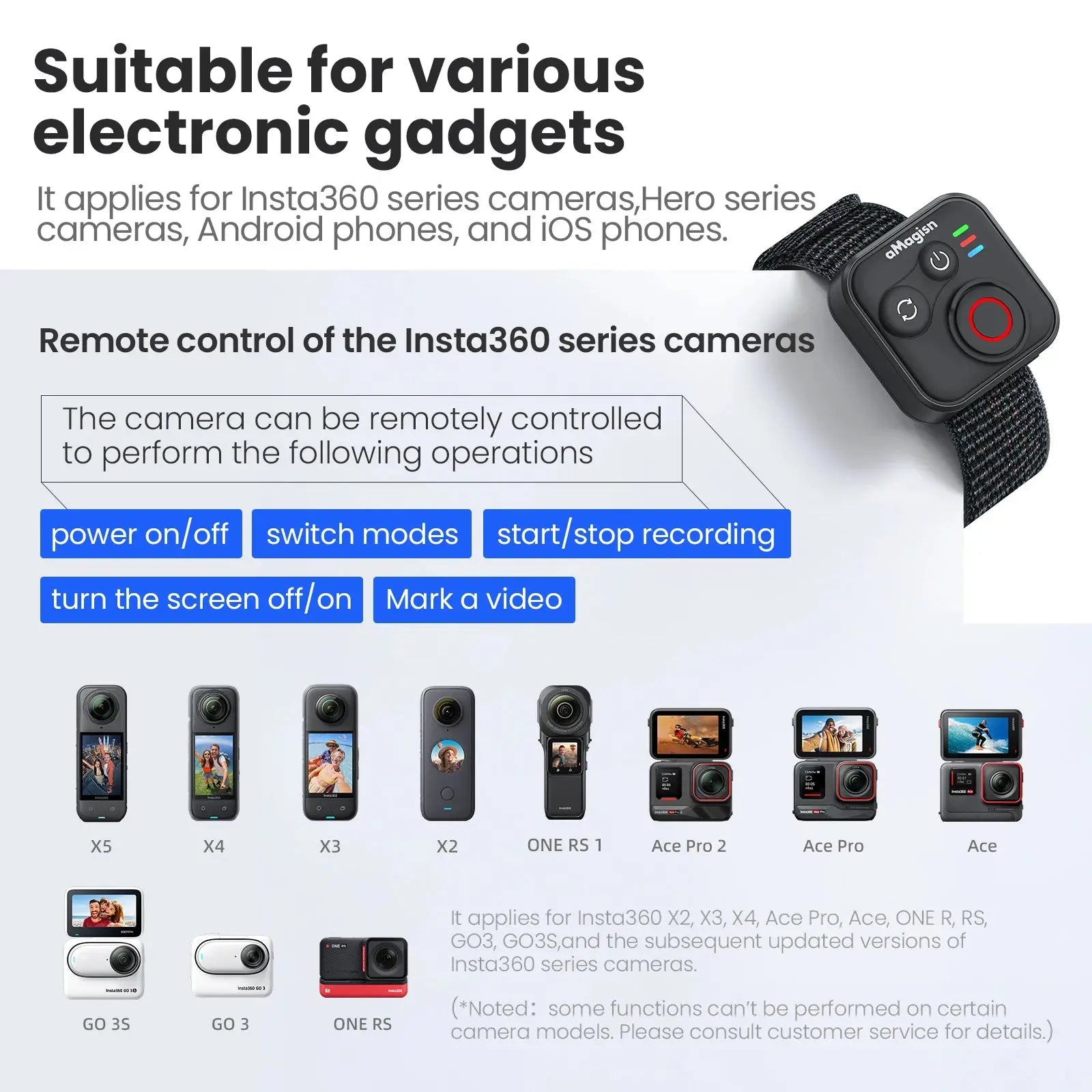 aMagisn 50M Bluetooth Remote Control for Insta360 X5 / X4 Air / Ace Pro 2 Gopro Hero 13 12 Camera iOS Android Shutter Controller - Magic Remotes