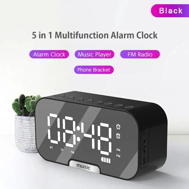 Bluetooth Speaker with LED Mirror Screen Digital Dual Alarm Clock with FM Radio Phone Holder Temperature For Bedroom Office Magic Remotes