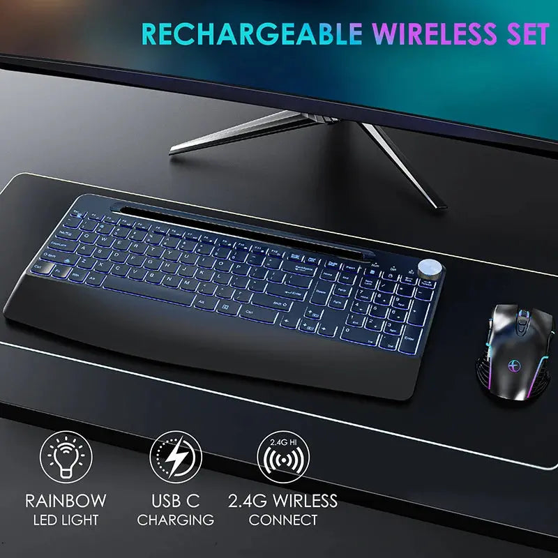 2.4G&Type-C Wireless Keyboard Mouse Combo with Wrist Rest,RGB Backlit,Silent Rechargeable Set for PC,Laptop,Window,Jiggler Mouse Magic Remotes