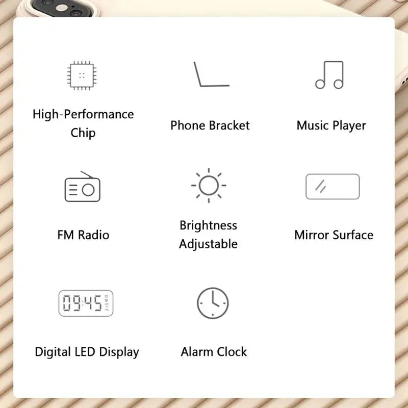 Bluetooth Speaker with LED Mirror Screen Digital Dual Alarm Clock with FM Radio Phone Holder Temperature For Bedroom Office Magic Remotes
