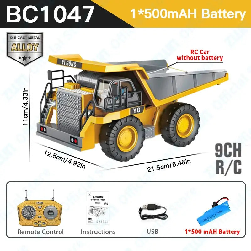 ZWN 2.4G Remote Control Excavator Dump Truck RC Model Car Toy Professional Alloy Plastic Simulation Construction Vehicle for Kid Magic Remotes
