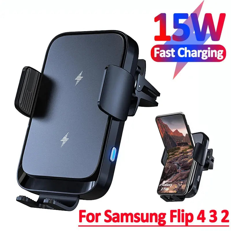 Wireless Car Charger Dual Coil Car Phone Holder Stand for Samsung Galaxy Z Flip 5 4 3 S22 S21 iPhone 14 13 Fast Charging Station - Magic Remotes
