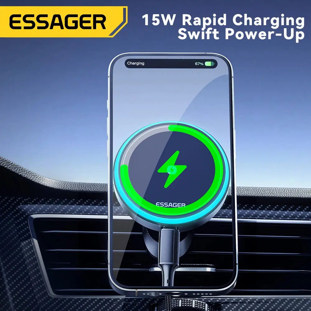 Essager 15W Magnetic Wireless Car Phone Holder Adjustable 360 degrees Car Charger For iPhone15 14 13 Pro Samsung Universal Phone - Magic Remotes