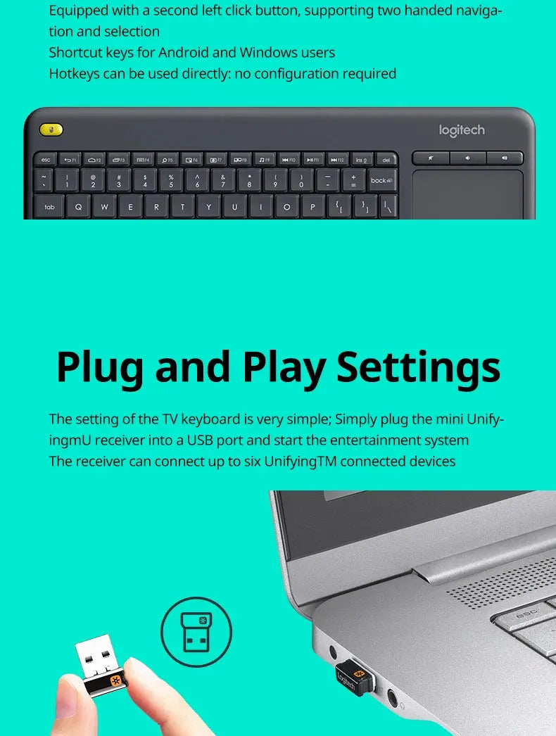 Logitech K400 Plus Wireless Keyboard Touchpad TV Compatible Long Battery Life for Windows Android TV - Magic Remotes