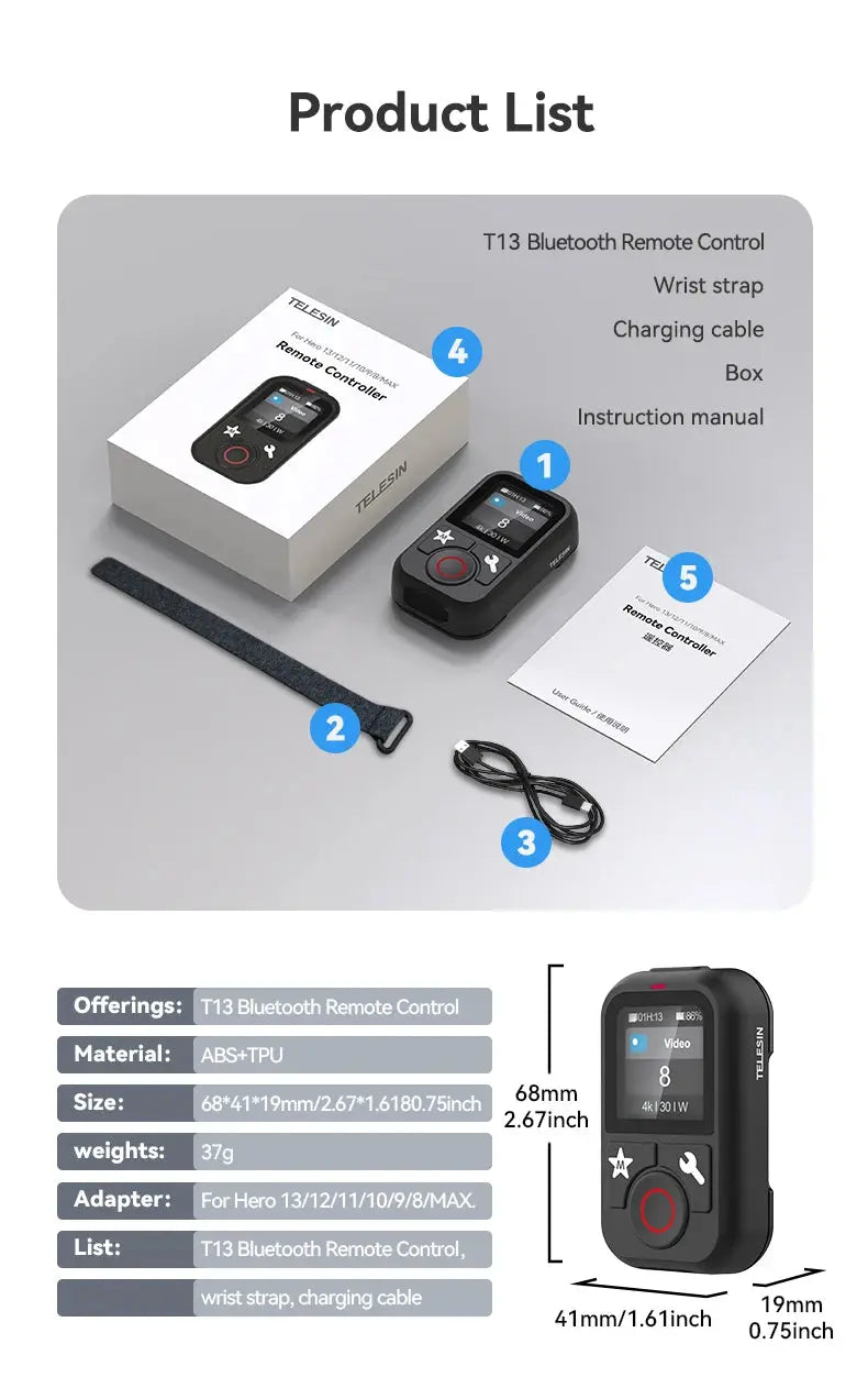 TELESIN T13 Bluetooth Remote Control 50M Waterproof for GoPro Hero12/11/10/9/8/Max Colorful Screen for Action Camera Accessories - Magic Remotes