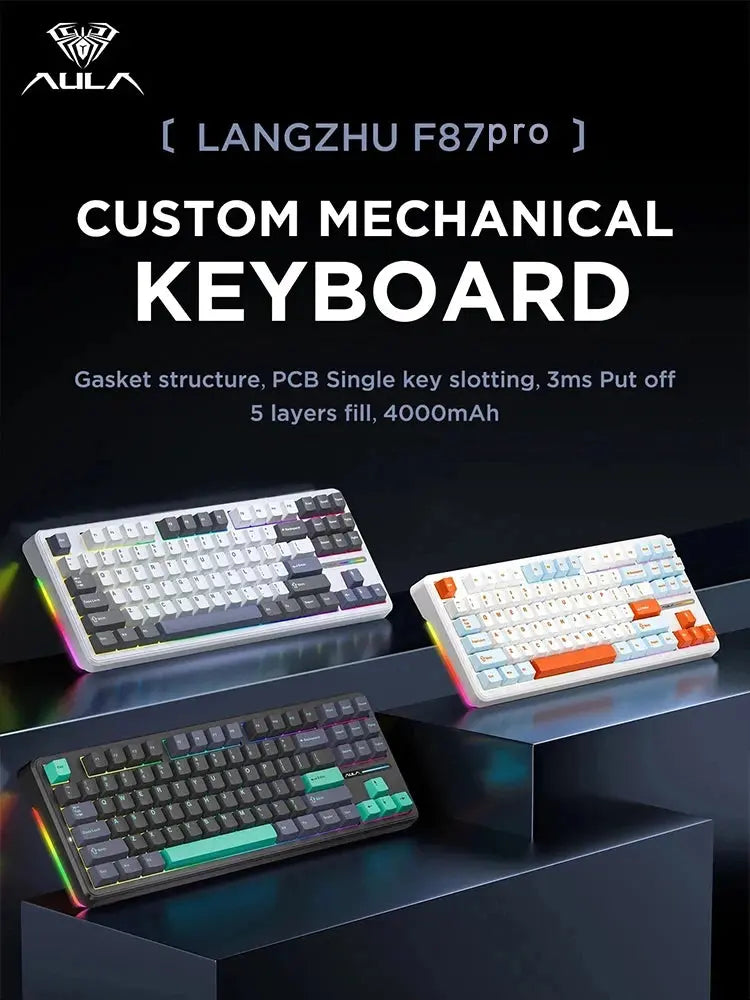 AULA F87 Pro Mechanical Keyboard 2.4g/Usb/Bluetooth Tri Mode Wireless 87 Key Rgb Pbt Gasket 5 Layer Silencing Full Key No Impact - Magic Remotes