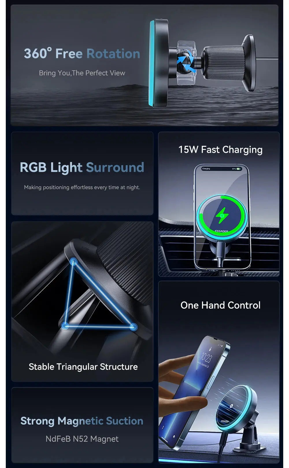 Essager 15W Magnetic Wireless Car Phone Holder Adjustable 360 degrees Car Charger For iPhone15 14 13 Pro Samsung Universal Phone - Magic Remotes