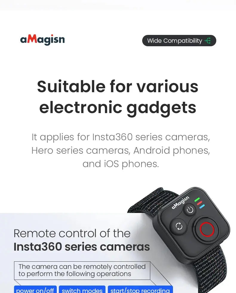 aMagisn 50M Bluetooth Remote Control for Insta360 X5 / X4 Air / Ace Pro 2 Gopro Hero 13 12 Camera iOS Android Shutter Controller - Magic Remotes