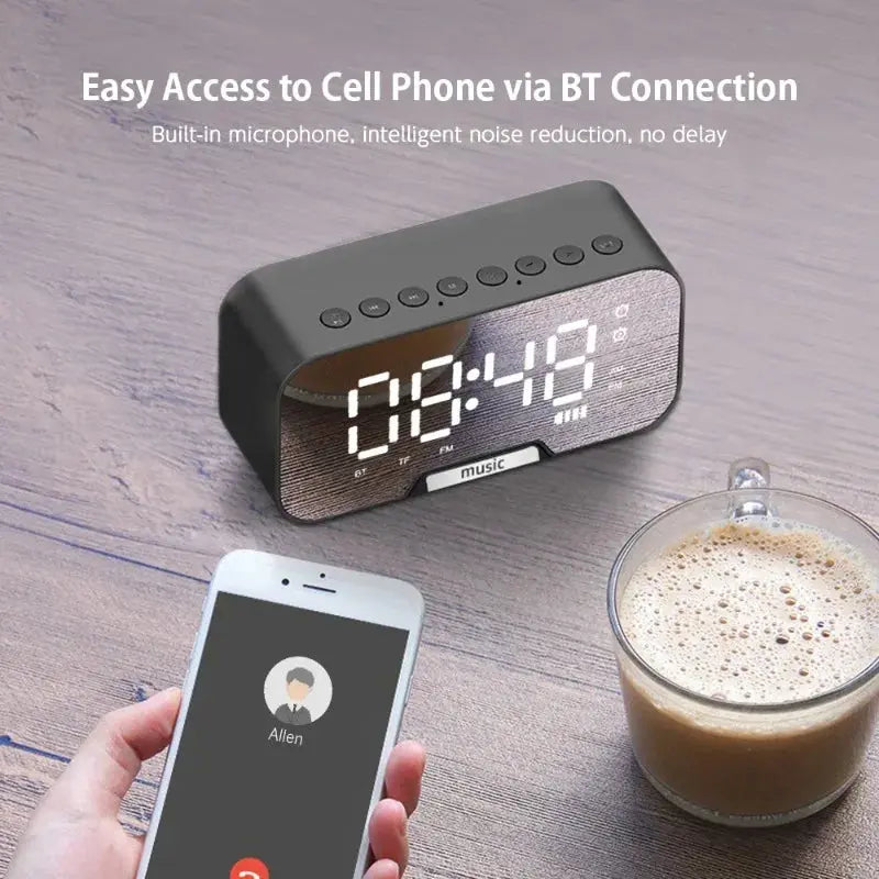 Bluetooth Speaker with LED Mirror Screen Digital Dual Alarm Clock with FM Radio Phone Holder Temperature For Bedroom Office Magic Remotes