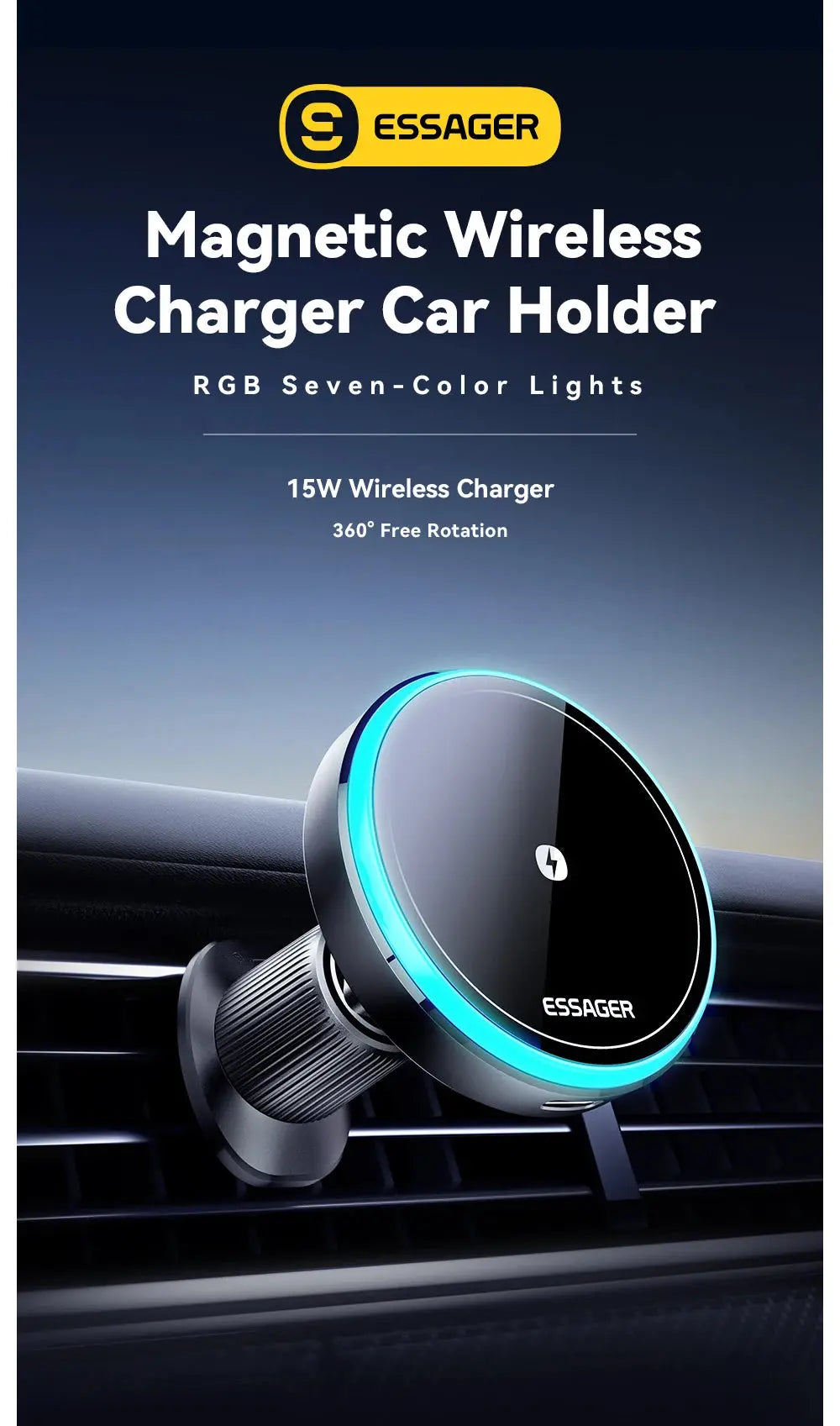 Essager 15W Magnetic Wireless Car Phone Holder Adjustable 360 degrees Car Charger For iPhone15 14 13 Pro Samsung Universal Phone - Magic Remotes
