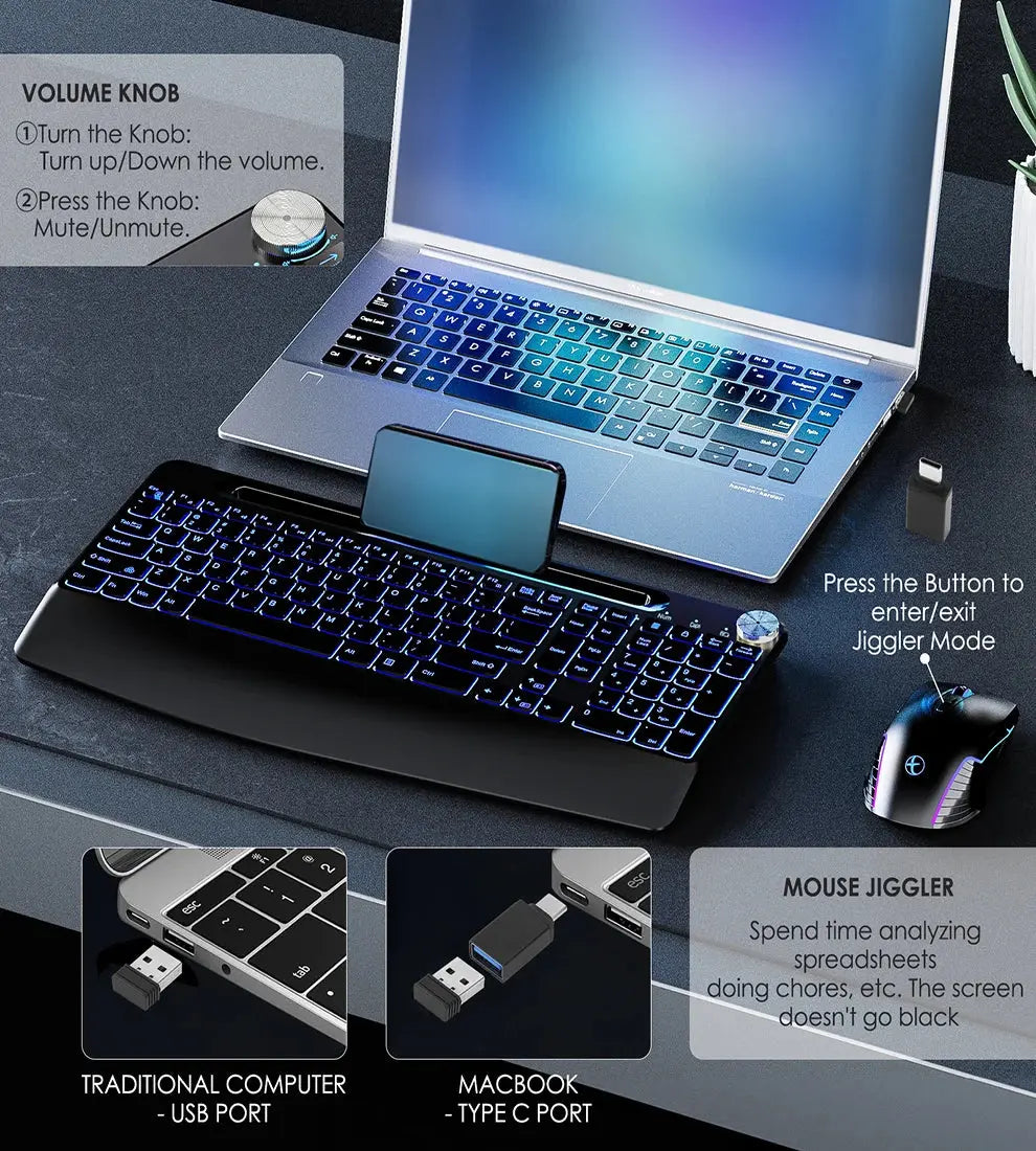 2.4G&Type-C Wireless Keyboard Mouse Combo with Wrist Rest,RGB Backlit,Silent Rechargeable Set for PC,Laptop,Window,Jiggler Mouse Magic Remotes