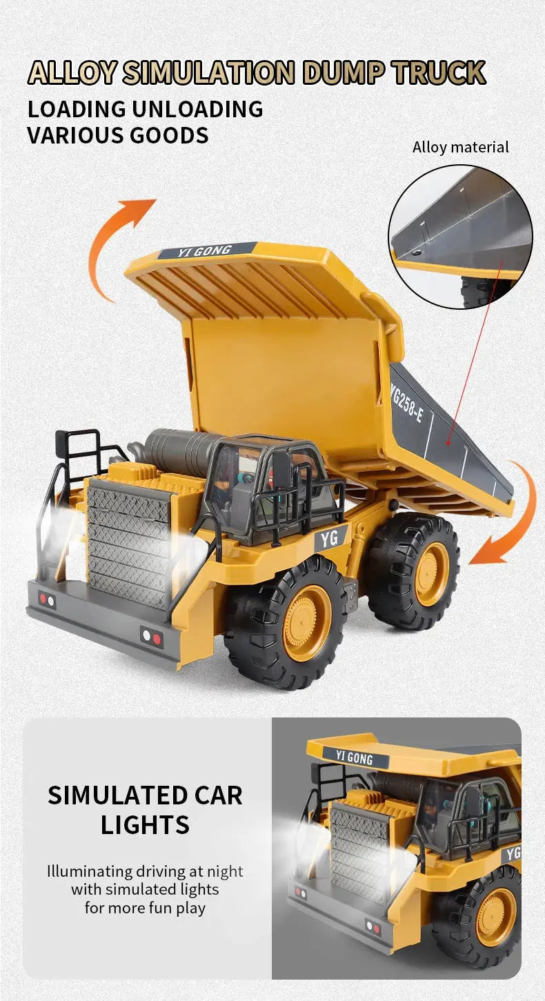 ZWN 2.4G Remote Control Excavator Dump Truck RC Model Car Toy Professional Alloy Plastic Simulation Construction Vehicle for Kid Magic Remotes
