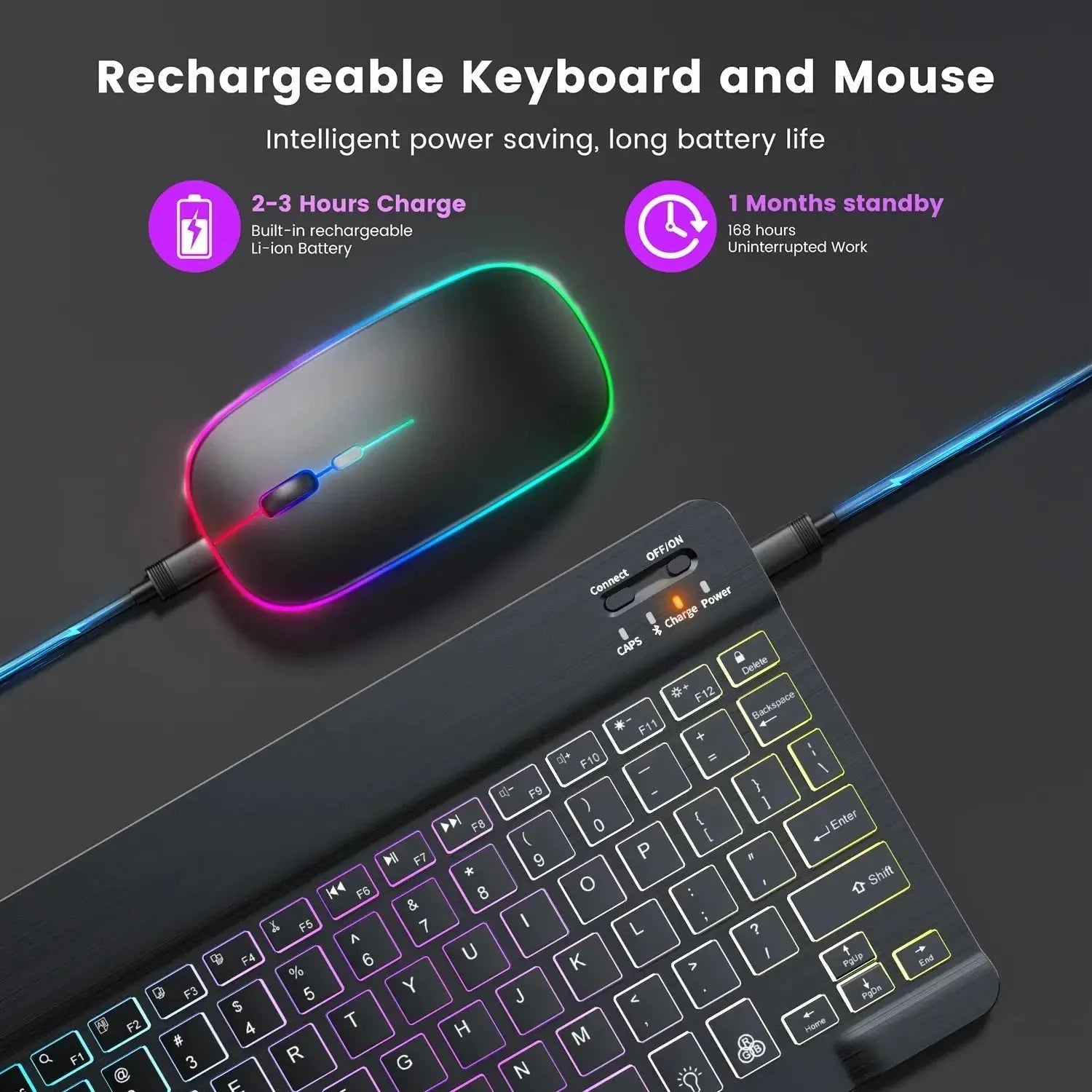 Mini Backlit RGB 10inch Bluetooth Keyboard Wireless mouse Rechargeable for Spanish Russian Hebrew Korean French Arabic Portugal - Magic Remotes