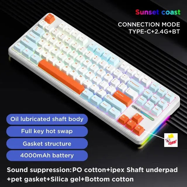 AULA F87 Pro Mechanical Keyboard 2.4g/Usb/Bluetooth Tri Mode Wireless 87 Key Rgb Pbt Gasket 5 Layer Silencing Full Key No Impact - Magic Remotes