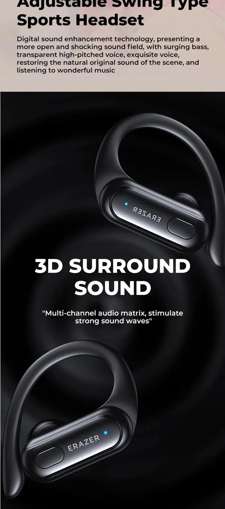 ERAZER XT60pro Sports Wireless Headphones Bluetooth Earphones HiFi Earbuds Noise Reduction Headset with Mic Earhook Magic Remotes