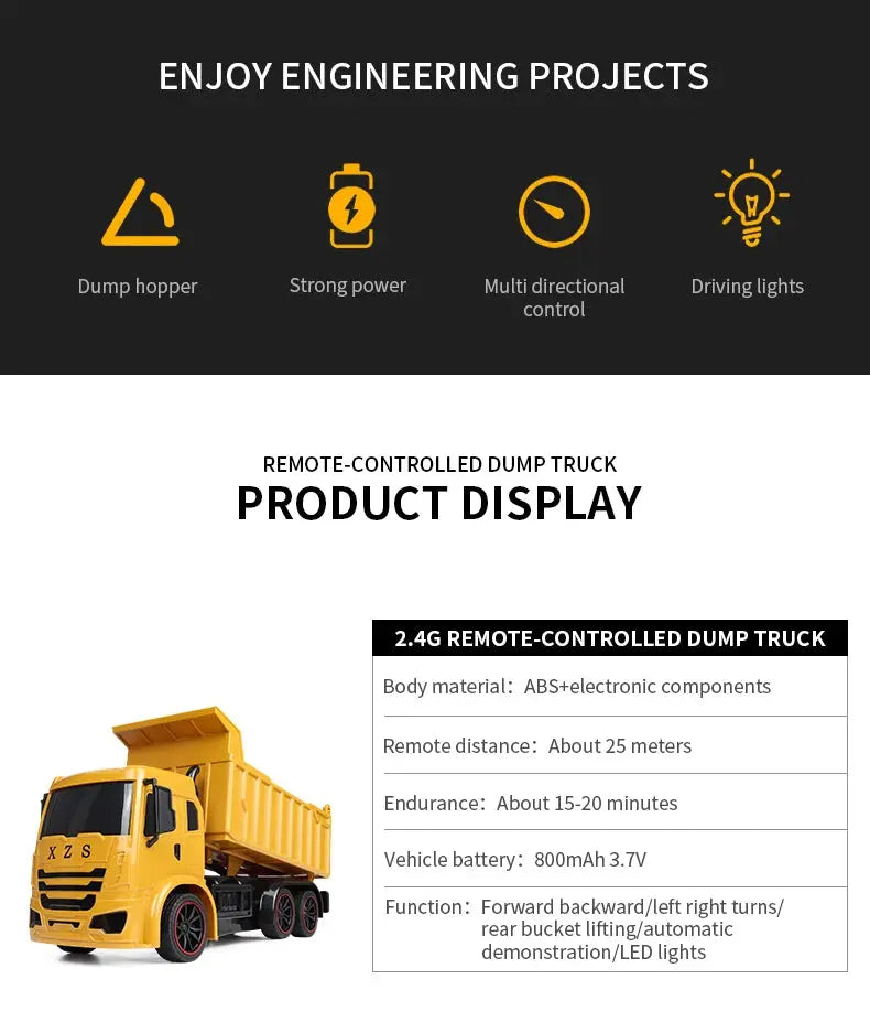 ZWN 2.4G Remote Control Excavator Dump Truck RC Model Car Toy Professional Alloy Plastic Simulation Construction Vehicle for Kid Magic Remotes