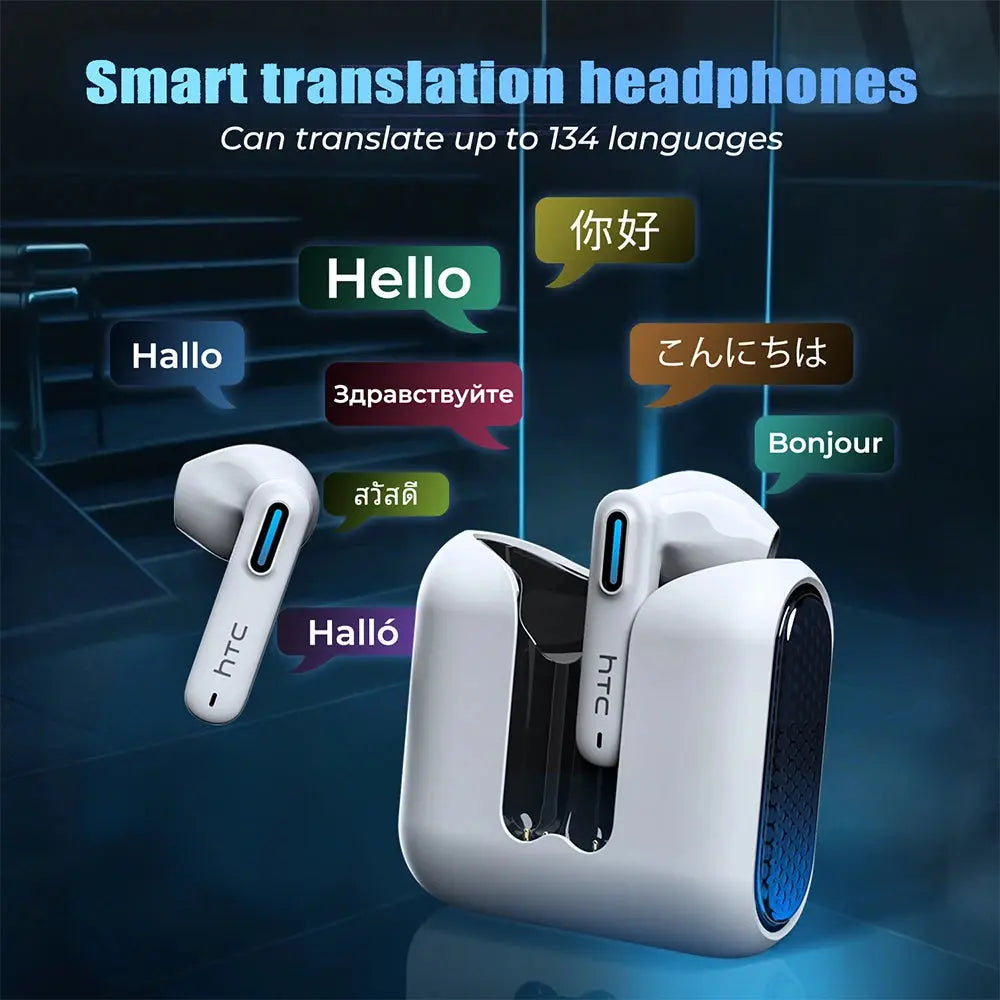 2026 Language Translator Earbuds HTC NE49 TWS Low Latency Gaming Earphones Bluetooth HiFi Stereo Sound HD Call With Mic Magic Remotes