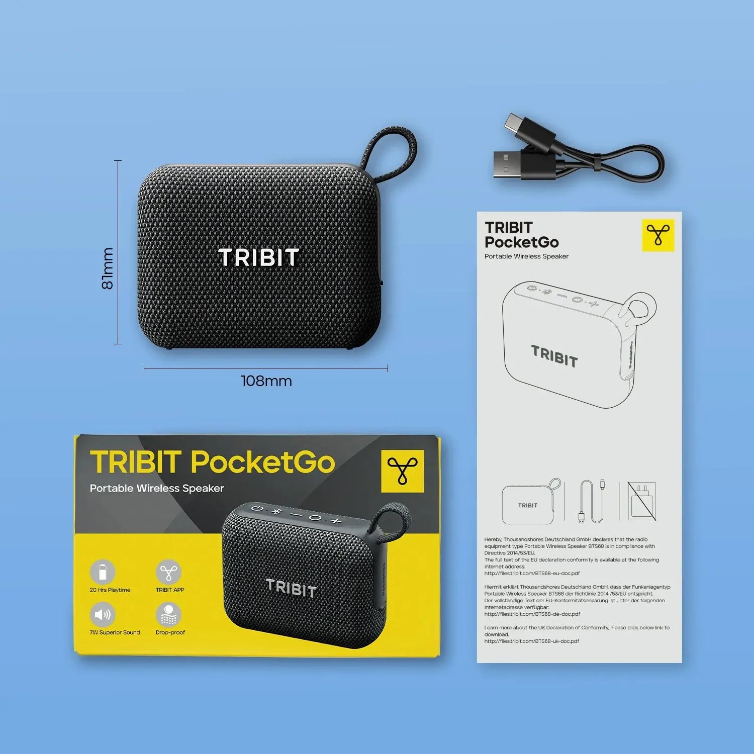 Tribit PocketGo Portable Bluetooth Speaker IP68 Waterproof BT 6.0 Built-in Mic TWS App EQ for Outdoor, Pool Party, Camping, Travel - Magic Remotes