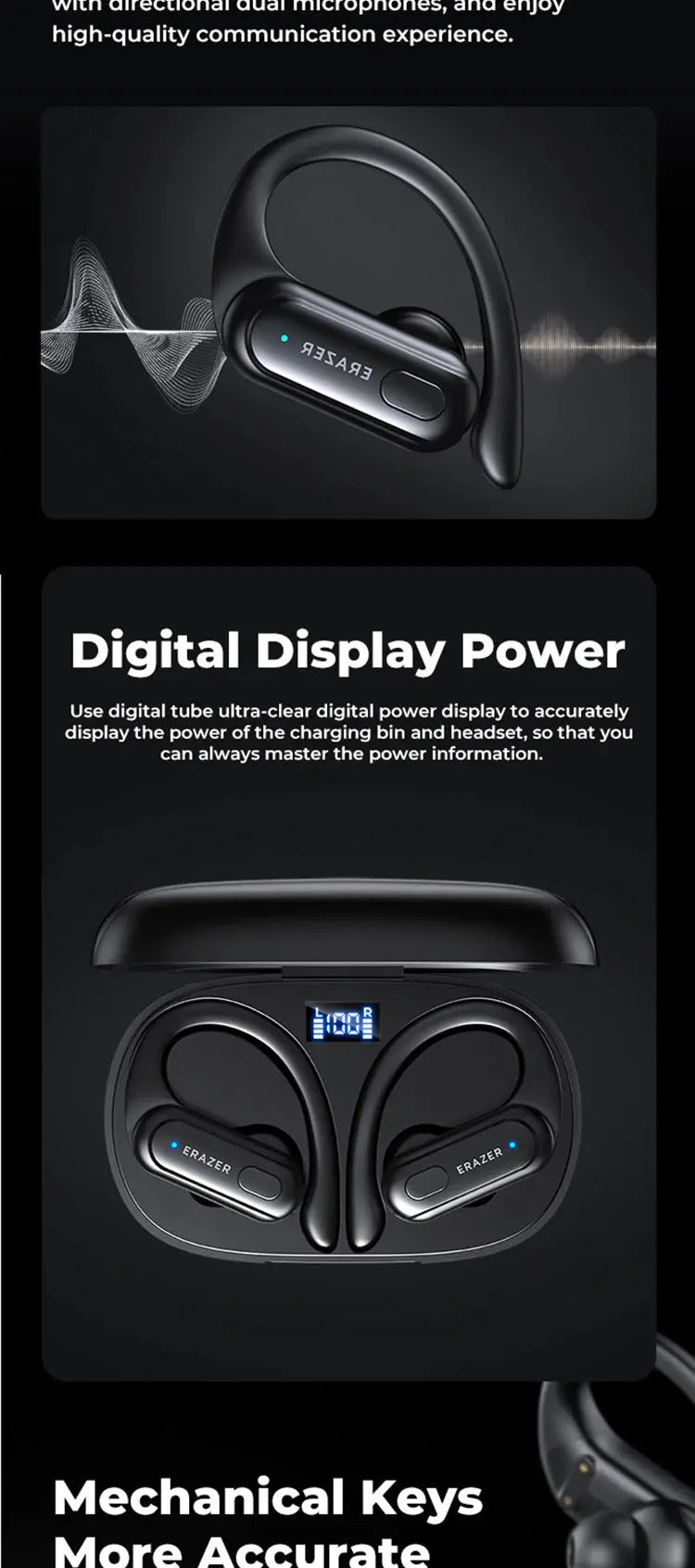ERAZER XT60pro Sports Wireless Headphones Bluetooth Earphones HiFi Earbuds Noise Reduction Headset with Mic Earhook Magic Remotes