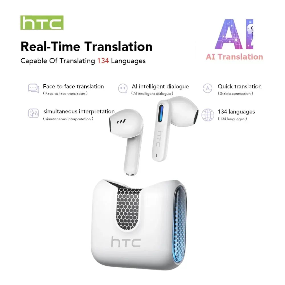 2026 Language Translator Earbuds HTC NE49 TWS Low Latency Gaming Earphones Bluetooth HiFi Stereo Sound HD Call With Mic Magic Remotes