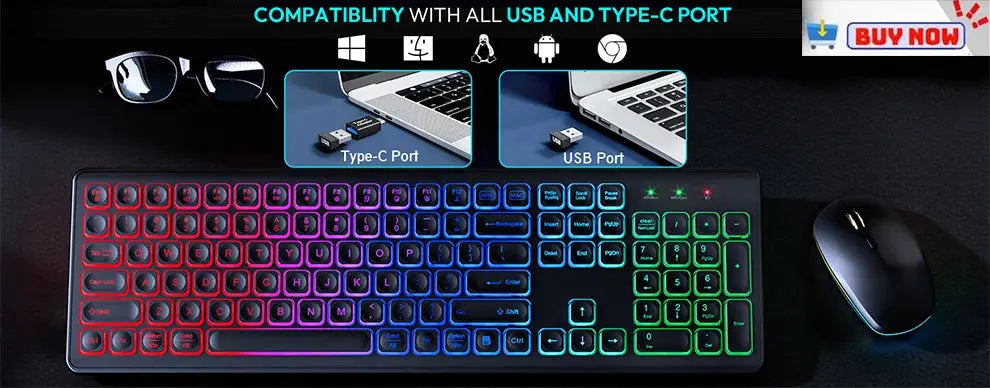2.4G&Type-C Wireless Keyboard Mouse Combo with Wrist Rest,RGB Backlit,Silent Rechargeable Set for PC,Laptop,Window,Jiggler Mouse Magic Remotes