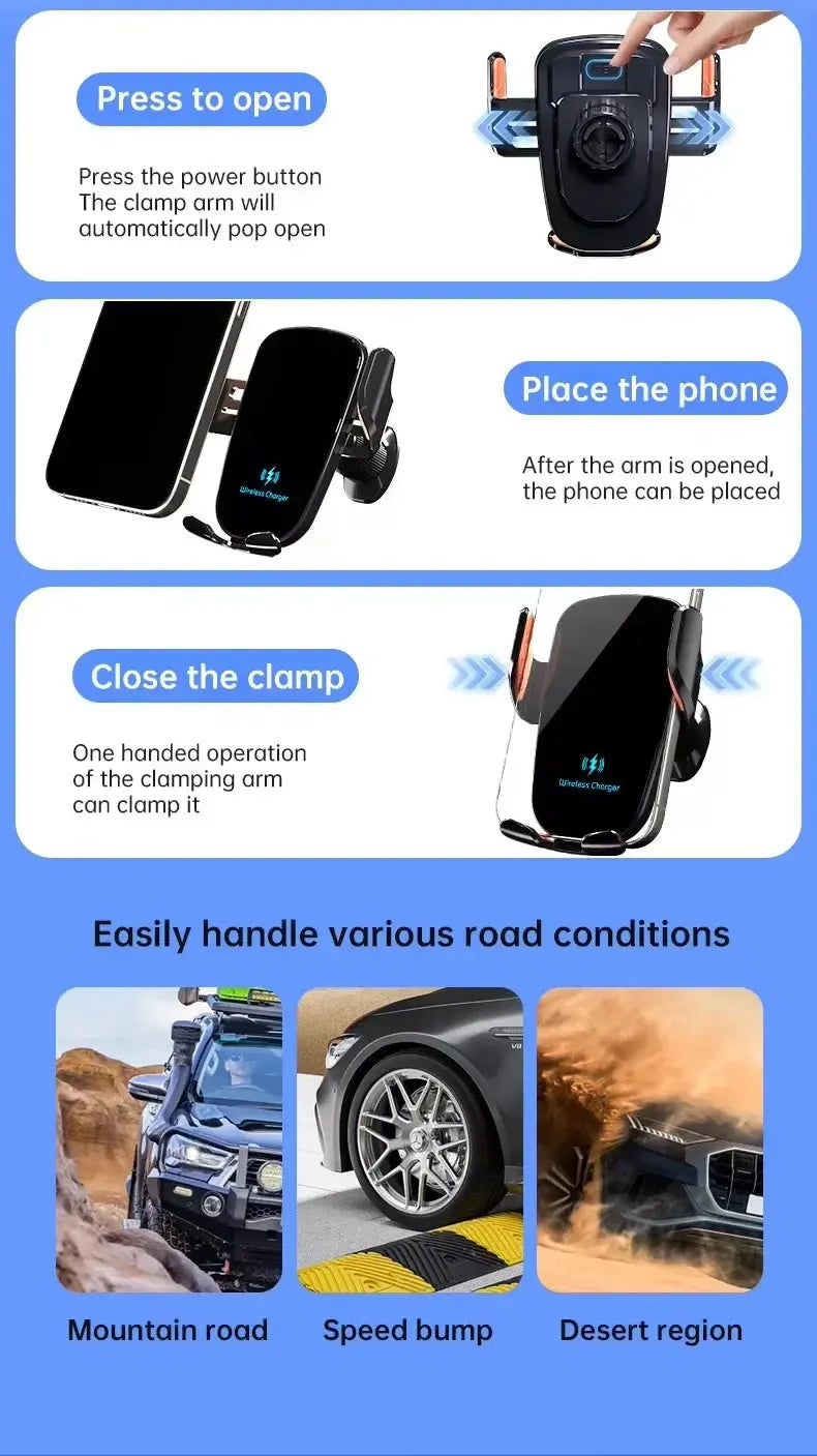 Wireless Car Charger, Fast Charging Manual Clamping Air Vent Car Phone Holder for Samsung Android Phones and iPhone 16 15 14 13 - Magic Remotes