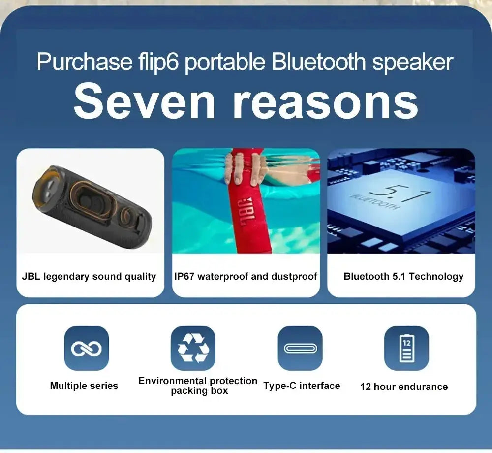 JBL Flip 6 Waterproof Portable Wireless Bluetooth Speaker IPX7 Outdoor Stereo Enhanced Bass Independent Tweeter for Music Magic Remotes