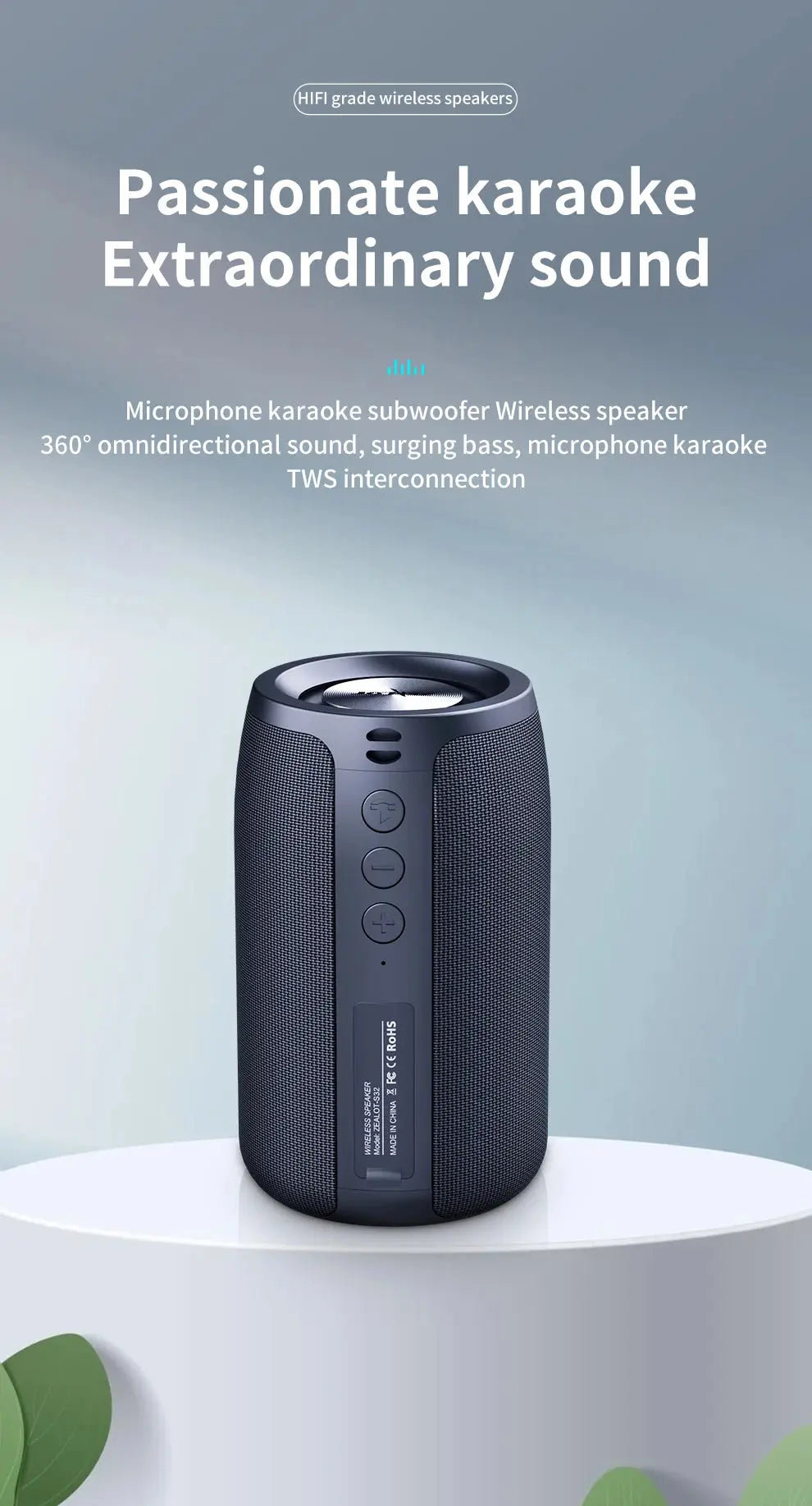 Zealot-S32 Wireless Speaker Outdoor Portable Subwoofer Speaker, Waterproof IPX 6, Dual Pairing,1800mAh Battery Magic Remotes