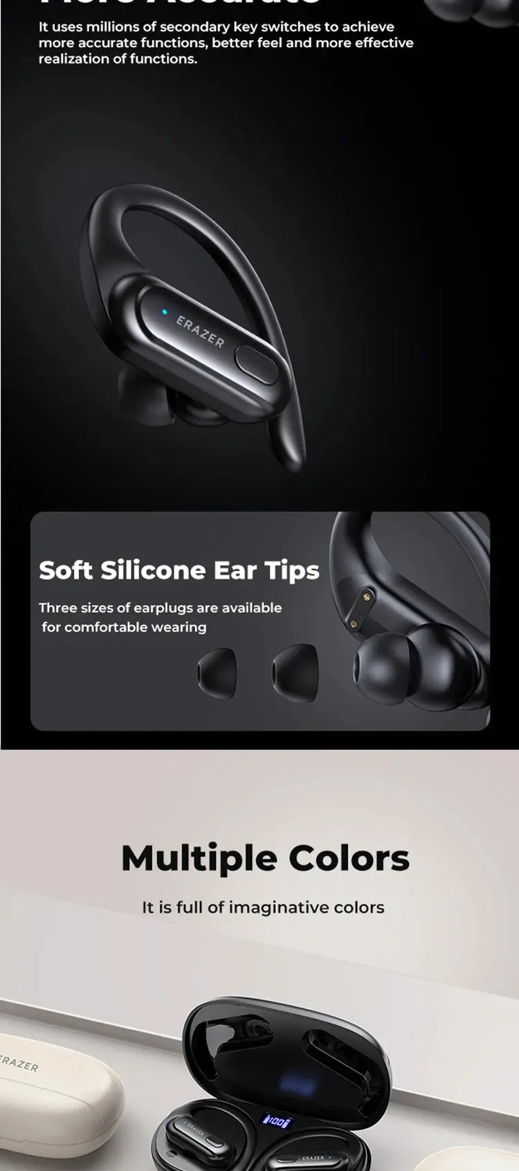 ERAZER XT60pro Sports Wireless Headphones Bluetooth Earphones HiFi Earbuds Noise Reduction Headset with Mic Earhook Magic Remotes
