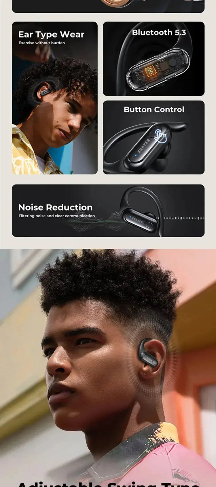 ERAZER XT60pro Sports Wireless Headphones Bluetooth Earphones HiFi Earbuds Noise Reduction Headset with Mic Earhook Magic Remotes